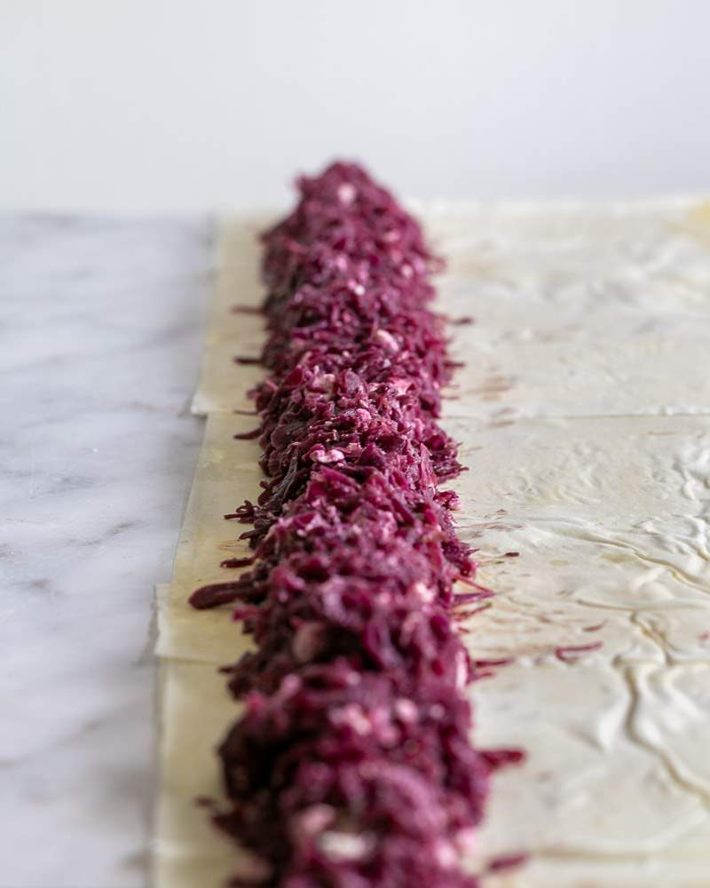 Braised red cabbage filling on filo sheets