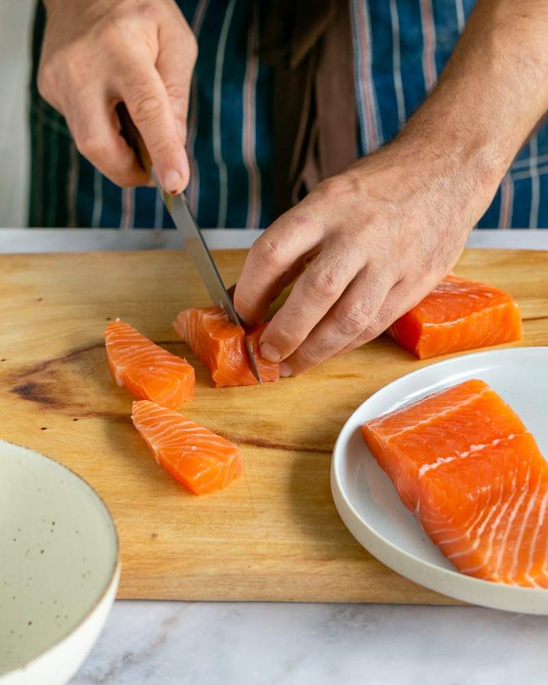 Dicing the salmon for tartare