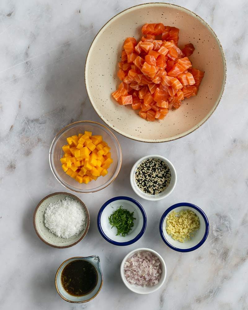 Ingredients to mix salmon tartare