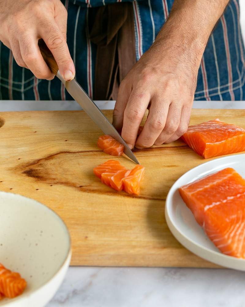 Dicing the salmon for tartare