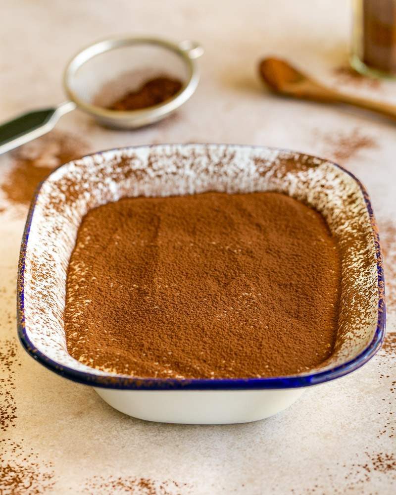 Cacao powder dusted on tiramisu