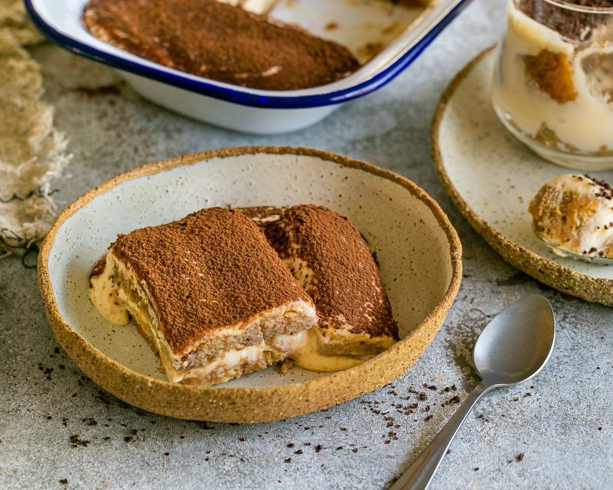 Tiramisu served in a ceramic bowl