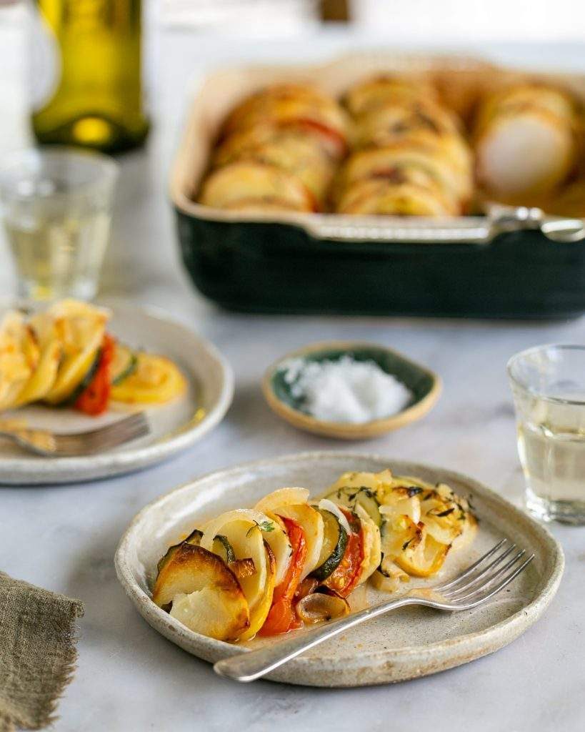 Baked vegetable gratin plated 