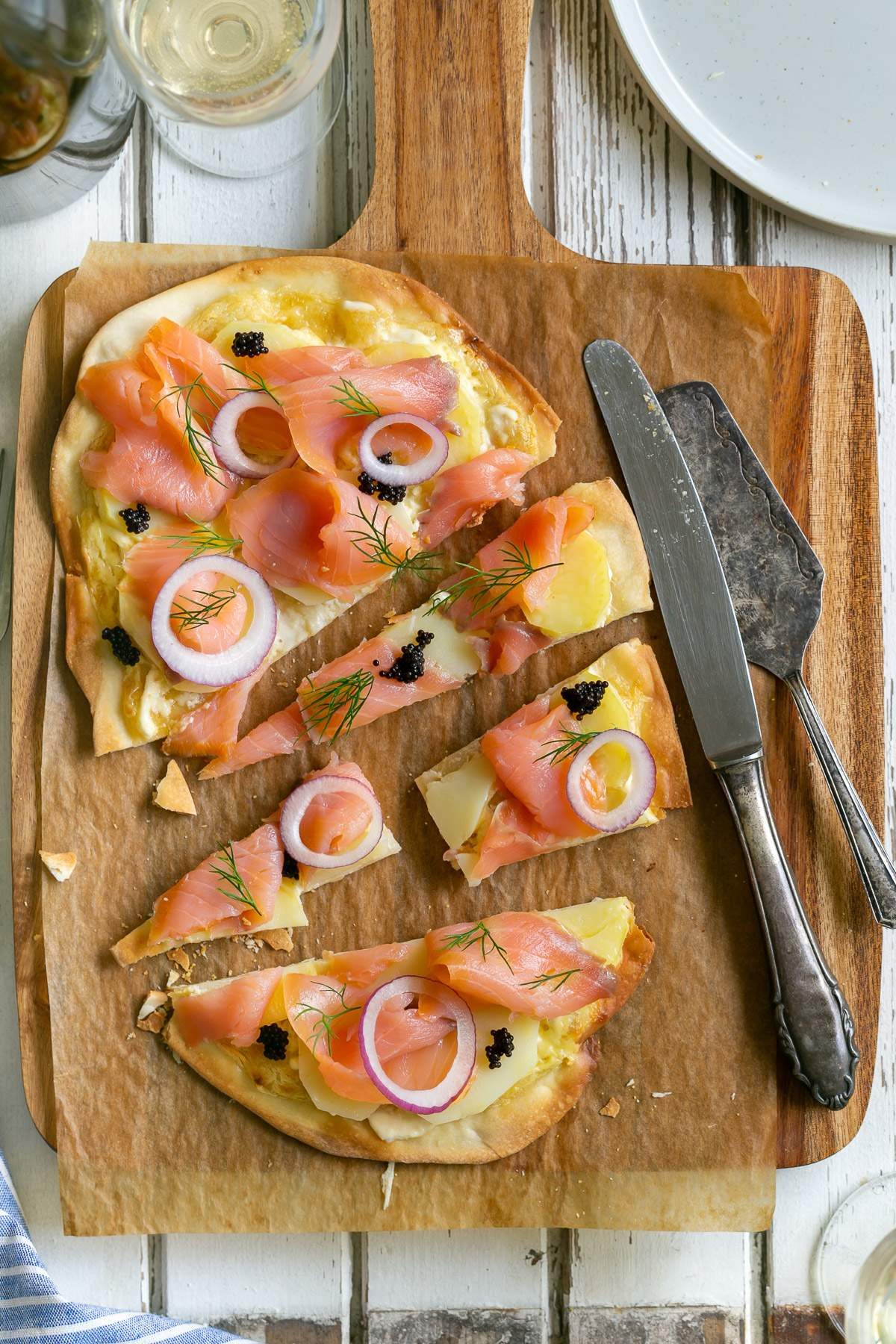 Potato and smoked salmon and dill flammkuchen