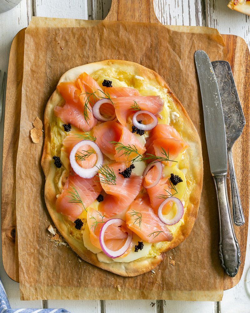 Salmon and potato flammkuchen