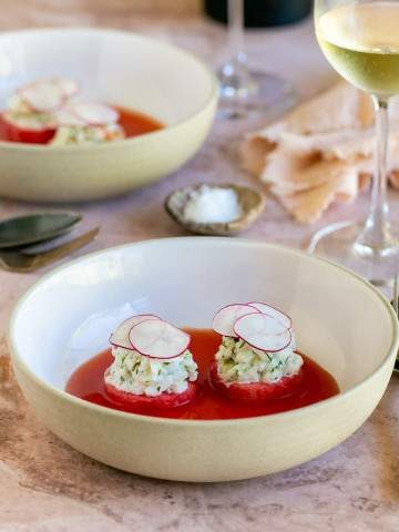 Crab salad with watermelon gazpacho