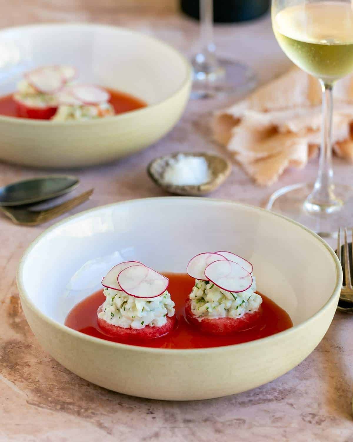 Crab salad with watermelon gazpacho