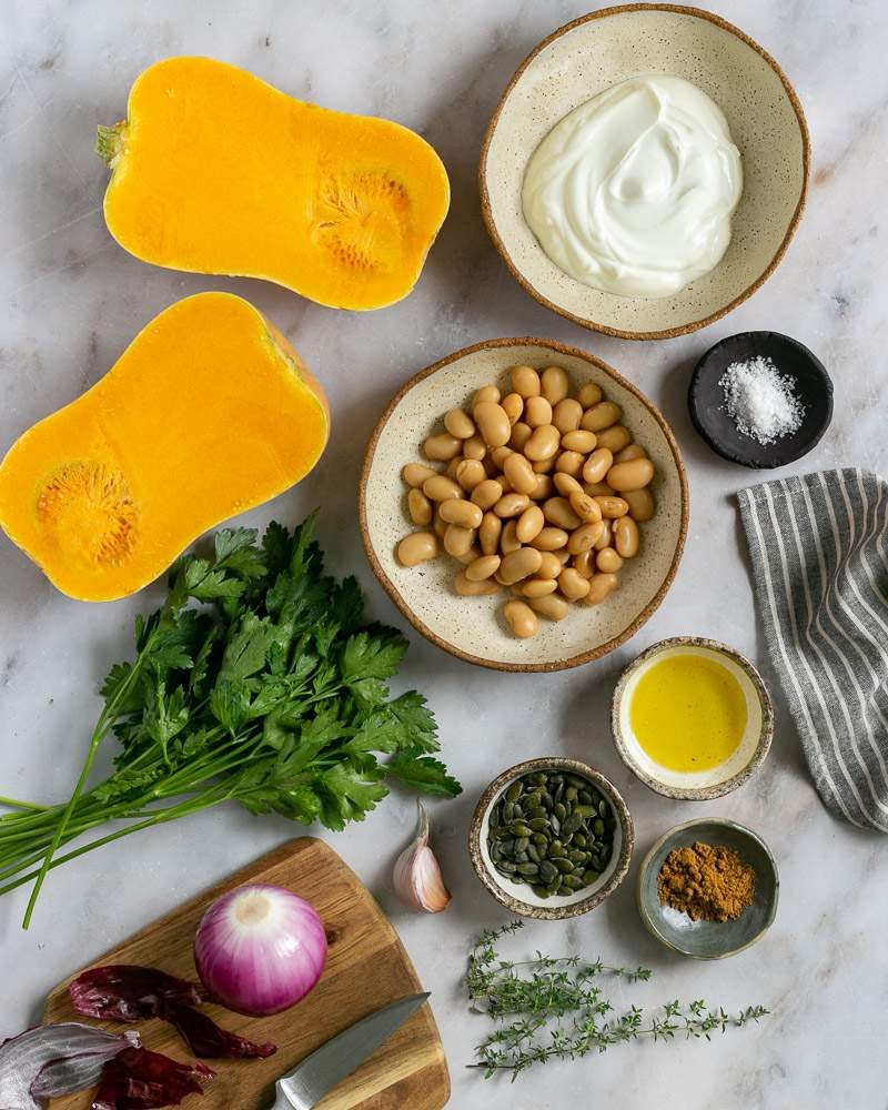 Ingredients to make pumpkin salad with pesto