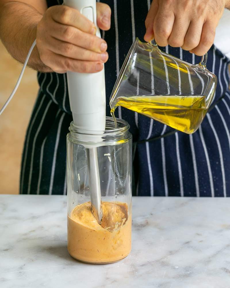 Making aioli with stick blender