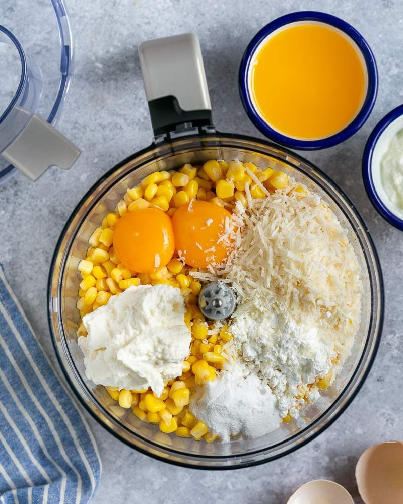 Cornbread ingredients in food processor