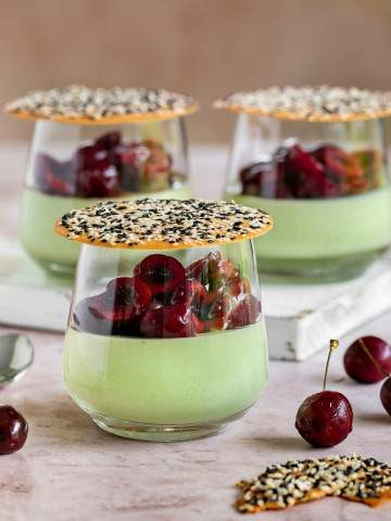 Green Tea Matcha Panna Cotta with Marinated Cherries