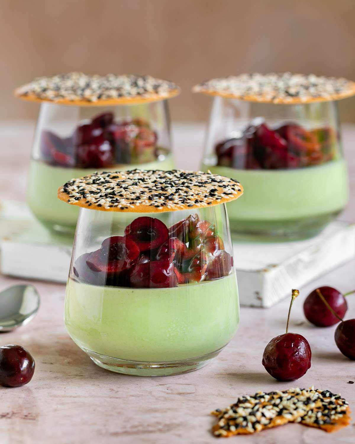 Green Tea Matcha Panna Cotta with Marinated Cherries