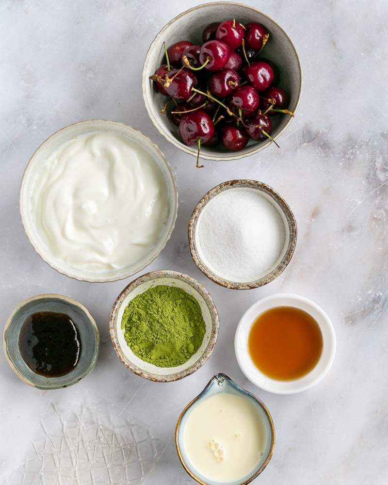 Ingredients to make green tea panna cotta