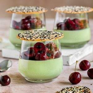 Green Tea Matcha Panna Cotta with Marinated Cherries