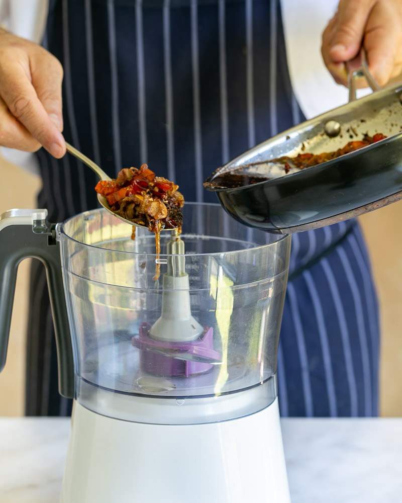 Roasted red chili and garlic oil in a food processor