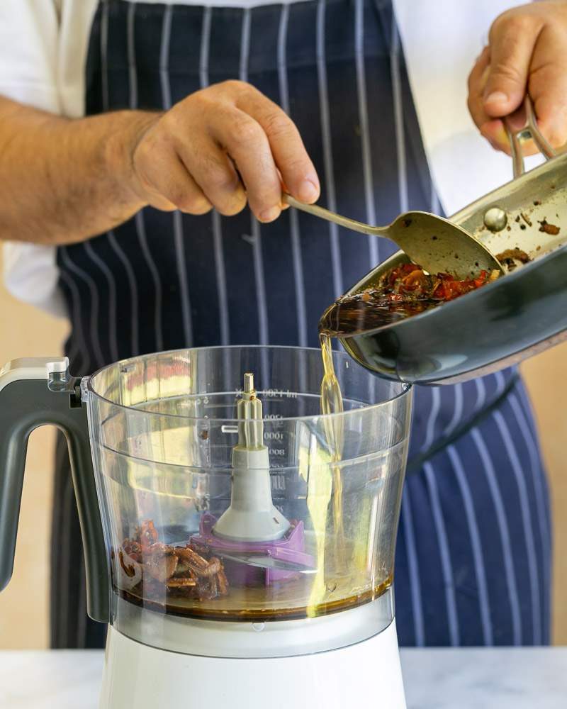 Roasted red chili and garlic oil in a food processor