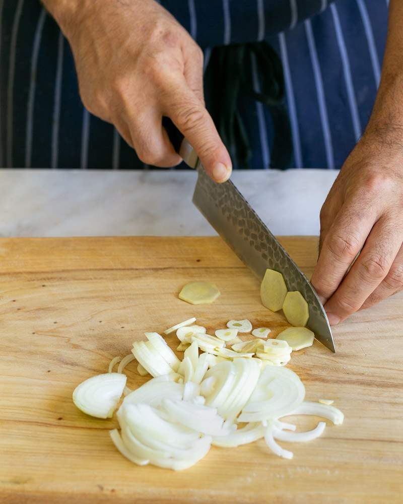 Sliced onions and ginger