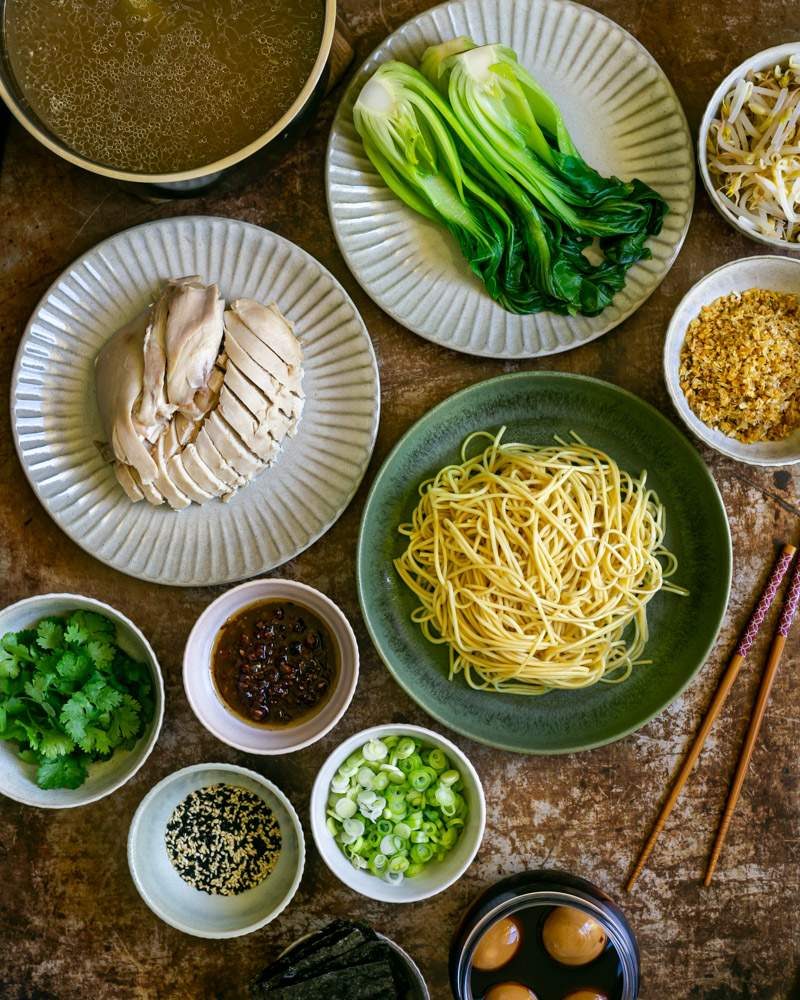 Ingredients to build ramen noodle soup