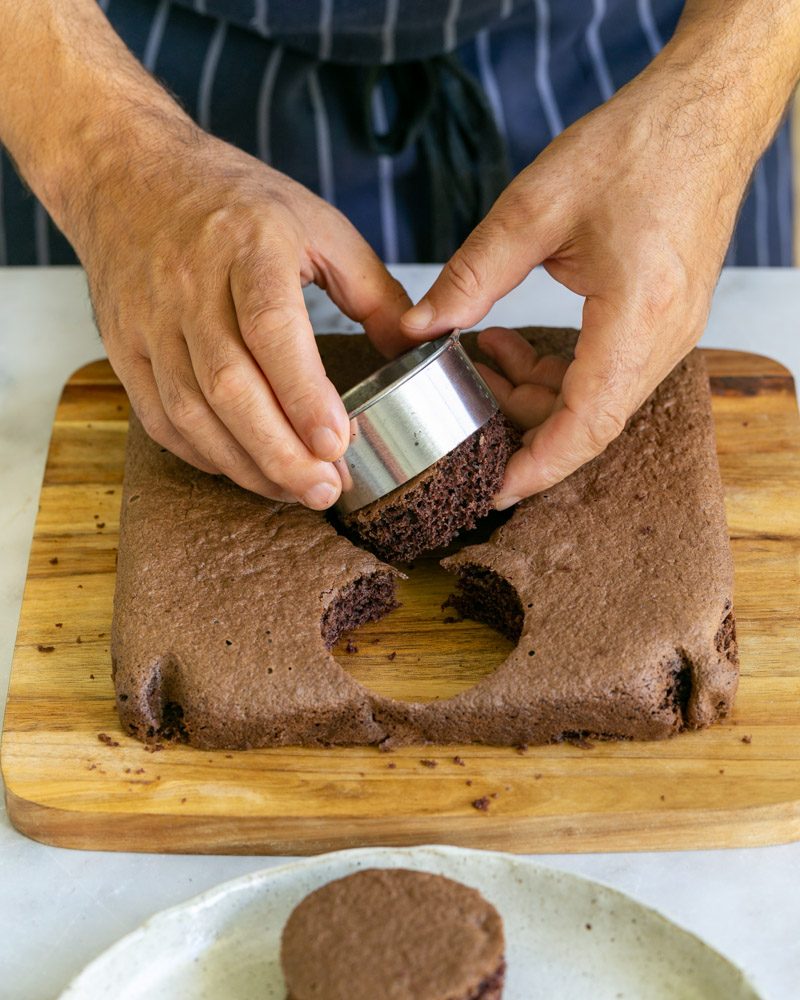 Sponge cake cut with a ring cutter