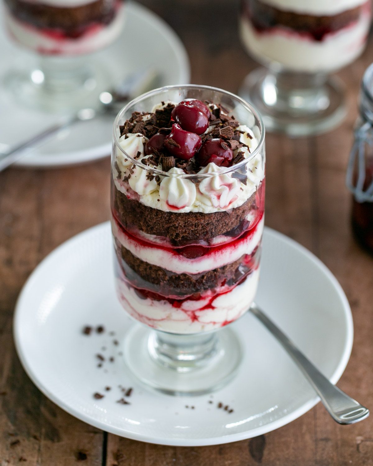 Black forest cake presented in a tall glass