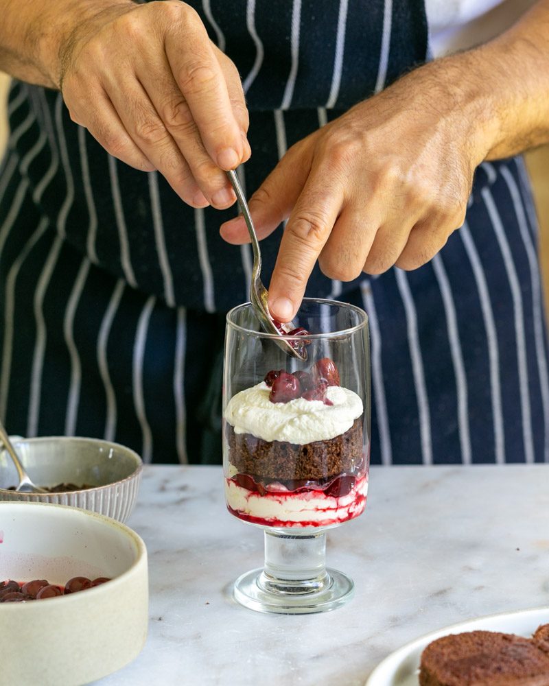 Assembling the second layer with cherries