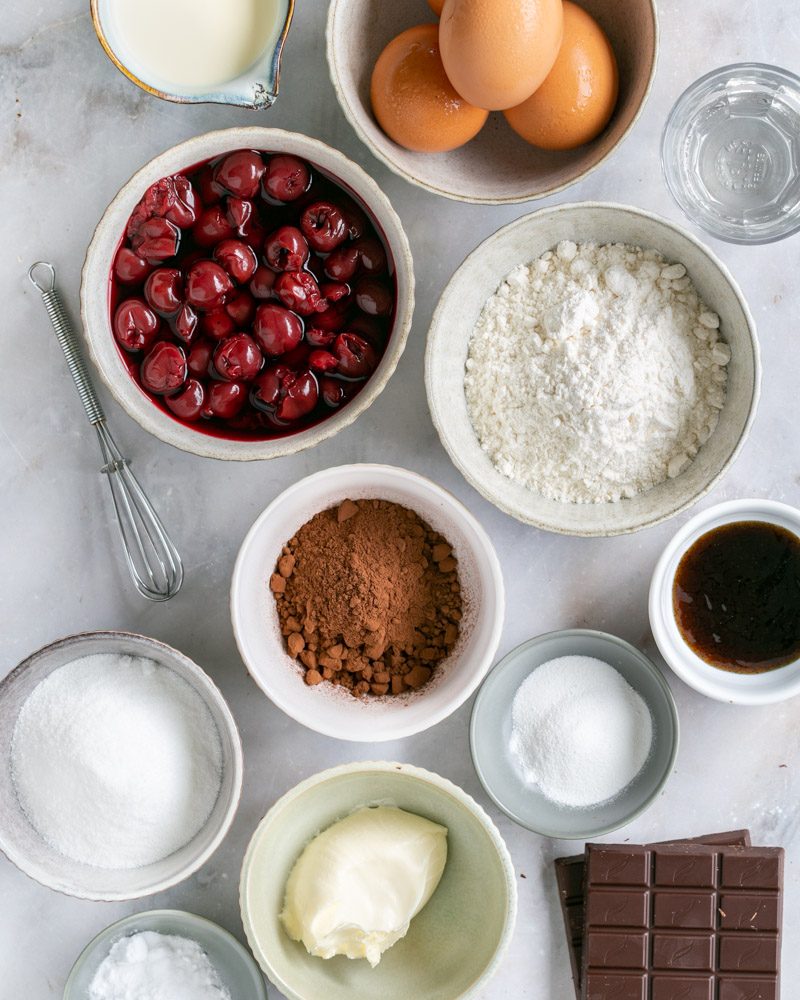 Ingredients to make black forest cake in a glass