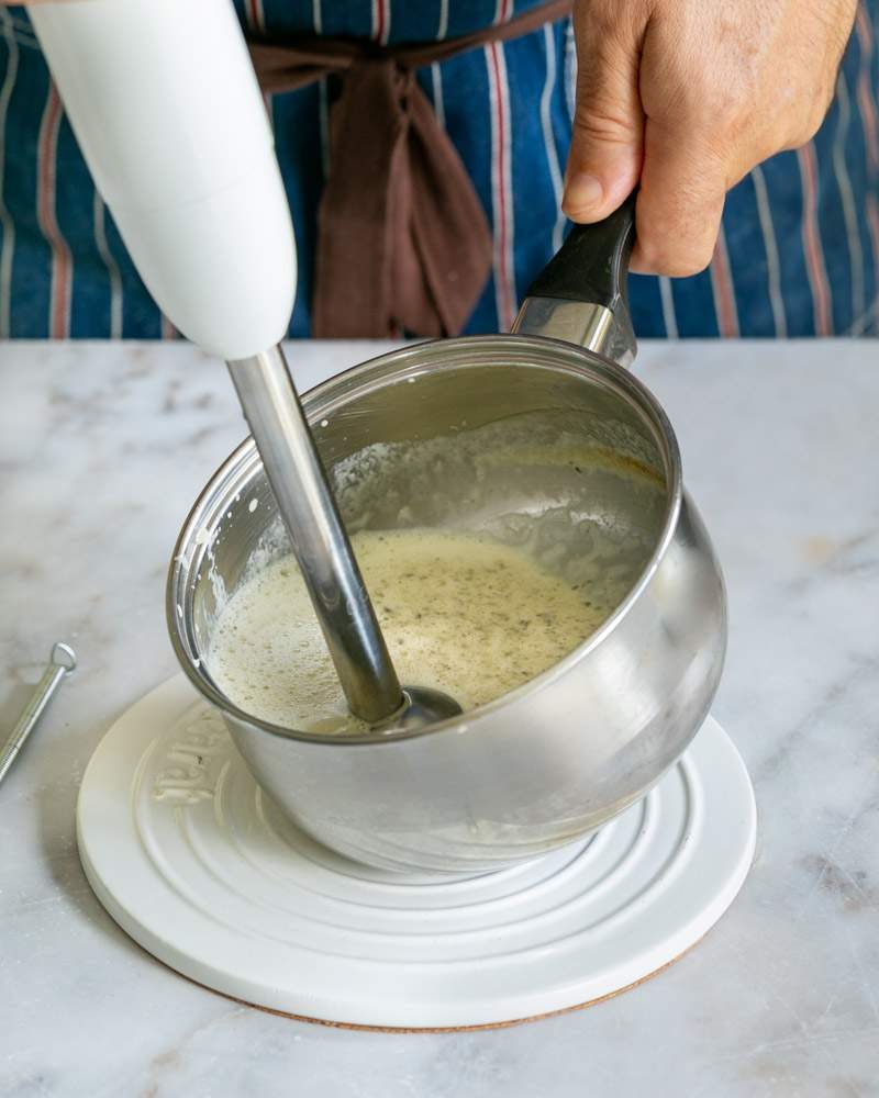 Using stick blender to blend nori sheets in butter wine sauce