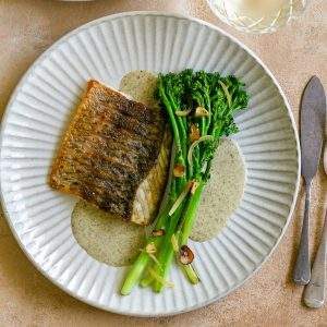 Pan fried Barramundi fillet with Seaweed butter sauce