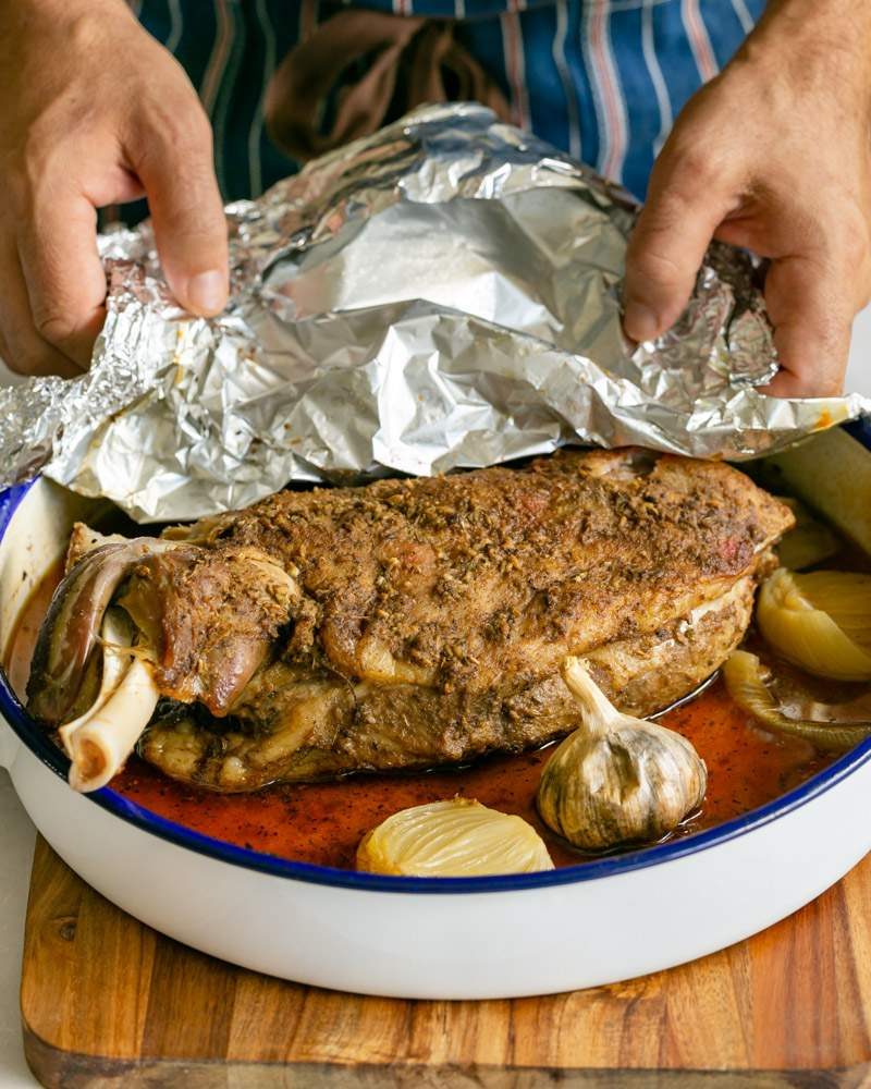 cooked Lamb shoulder out of the oven