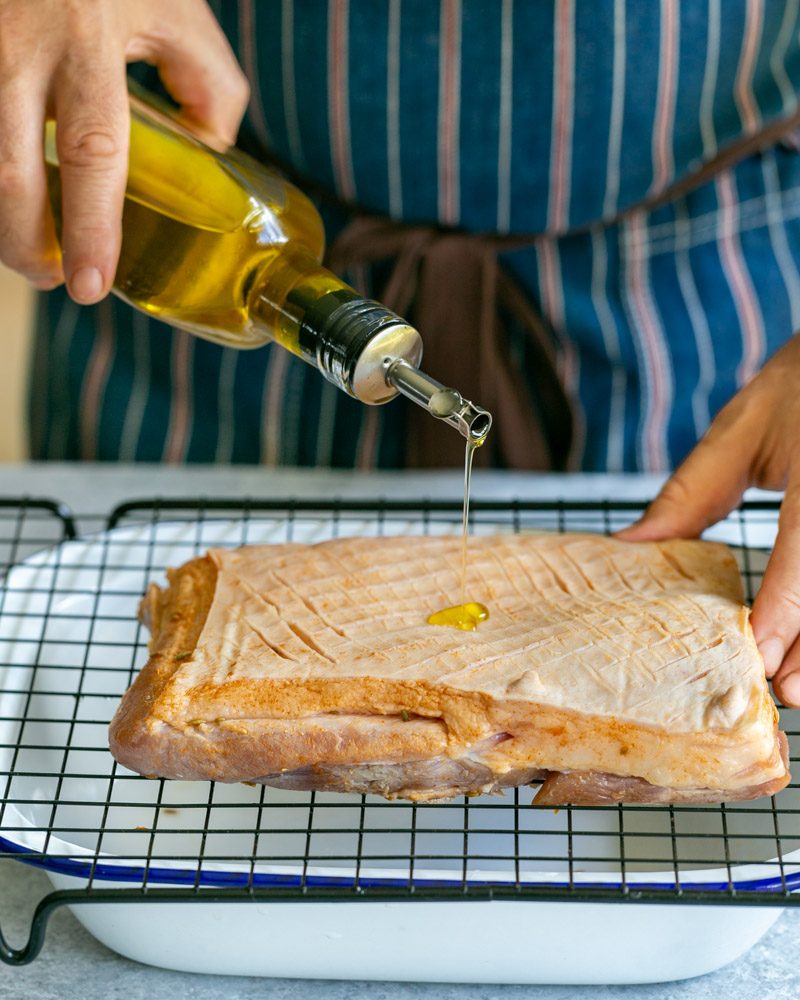 Olive oil on pork belly