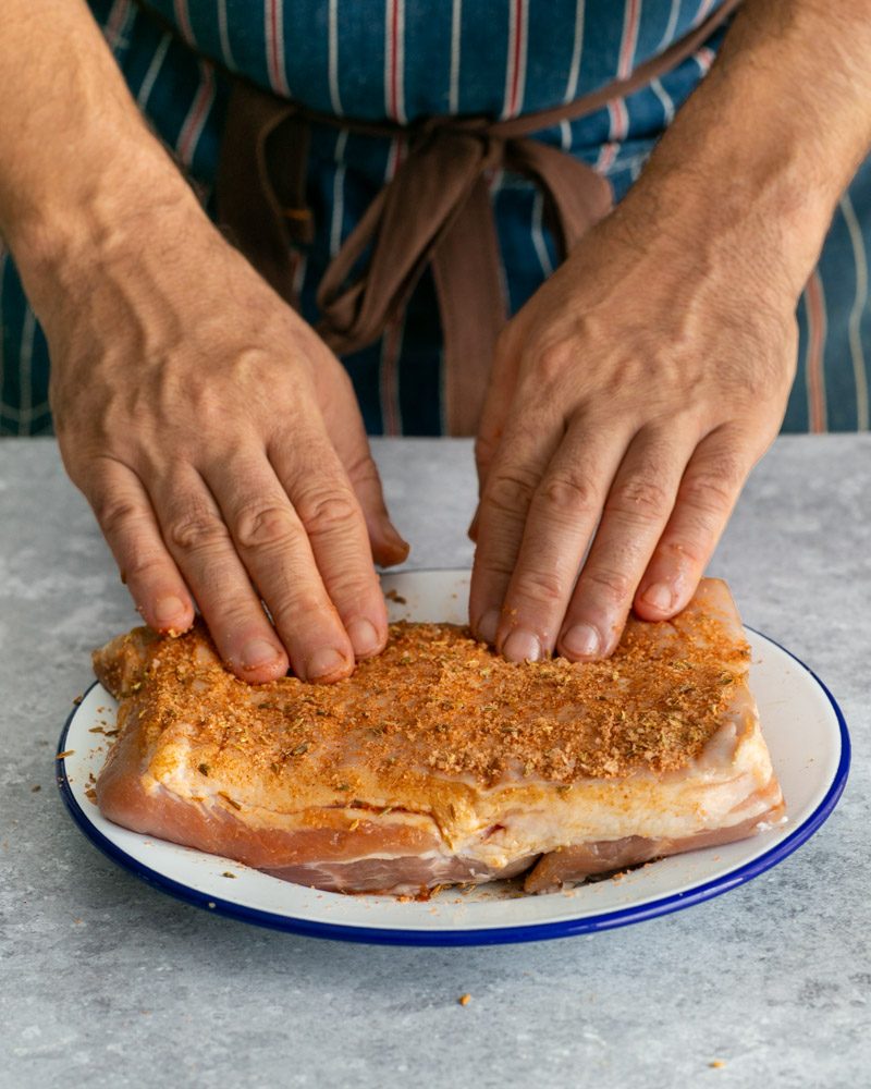 Spice mix rubbed on pork belly