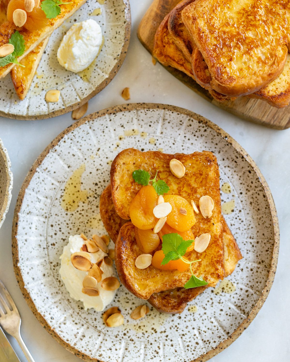 French toast with apricots and ricotta plated