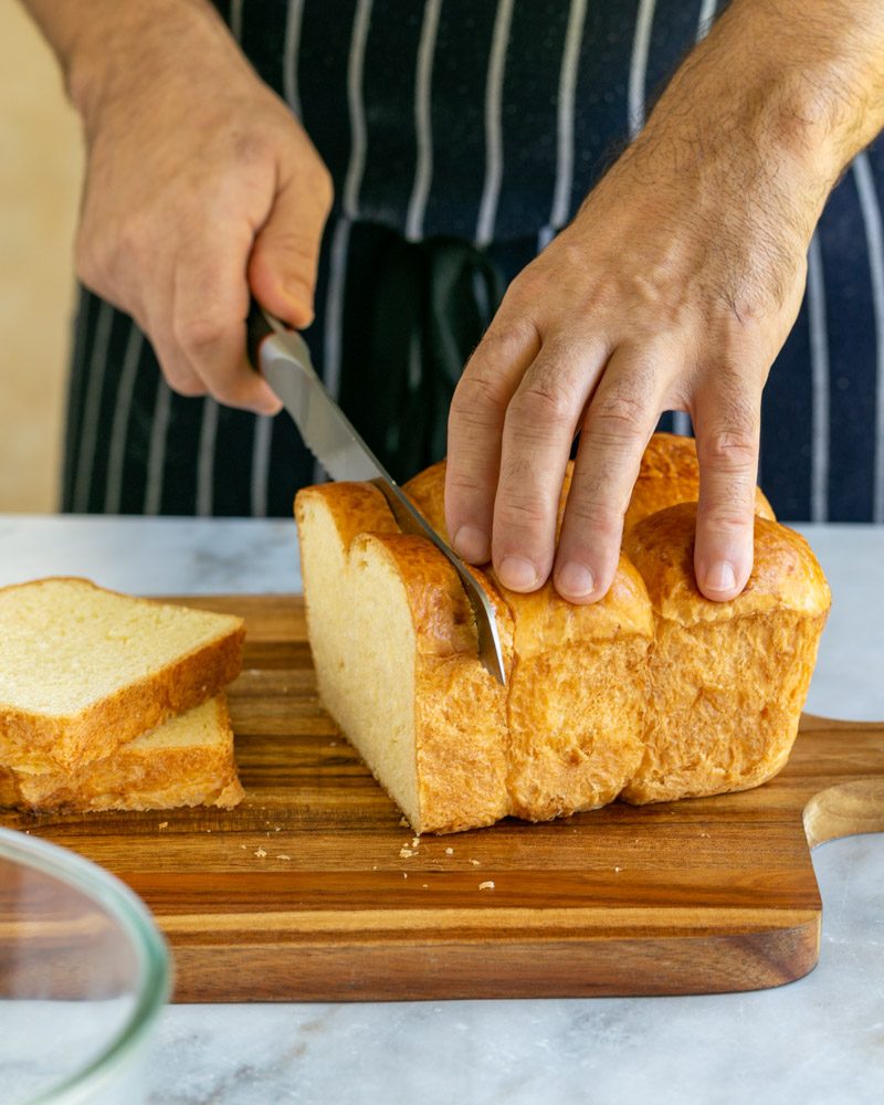 Slicing brioche for french toast