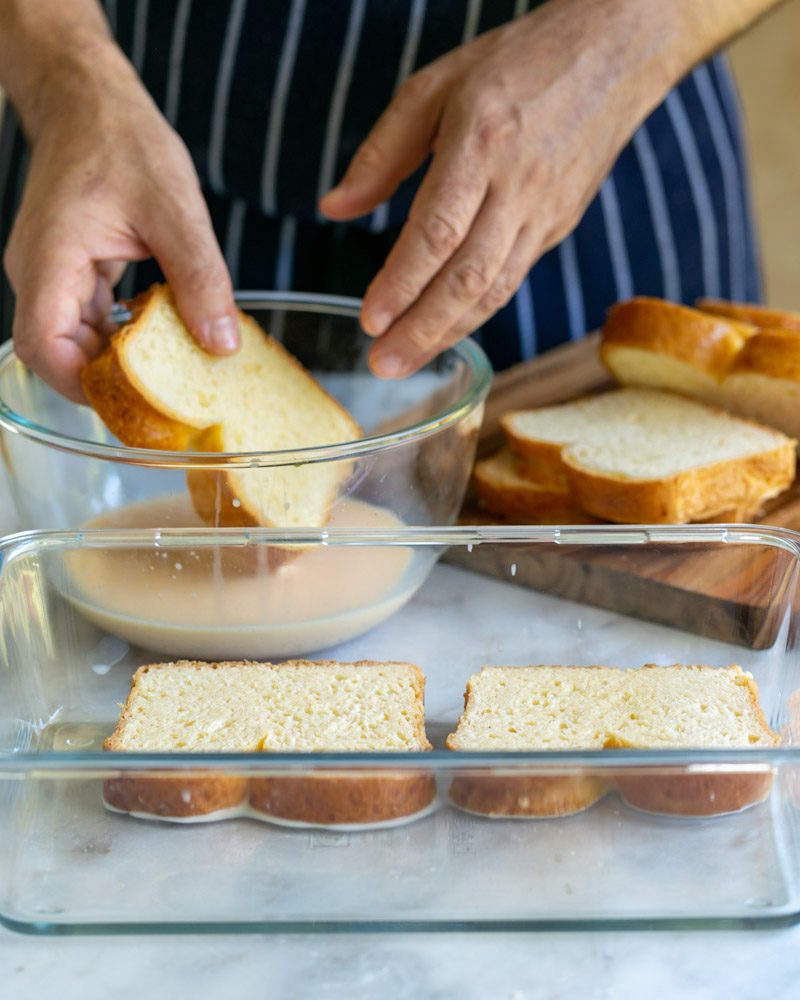 Dipping brioche toast in egg mix