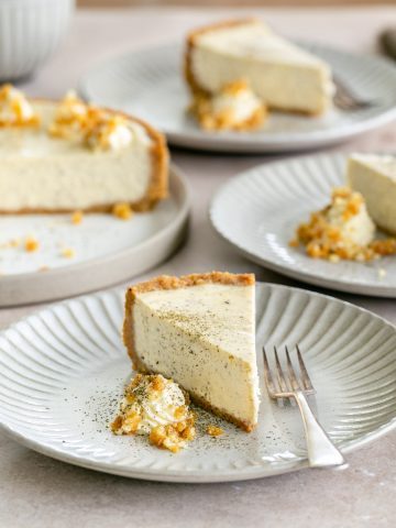 Slice of lemon myrtle cheesecake on a plate
