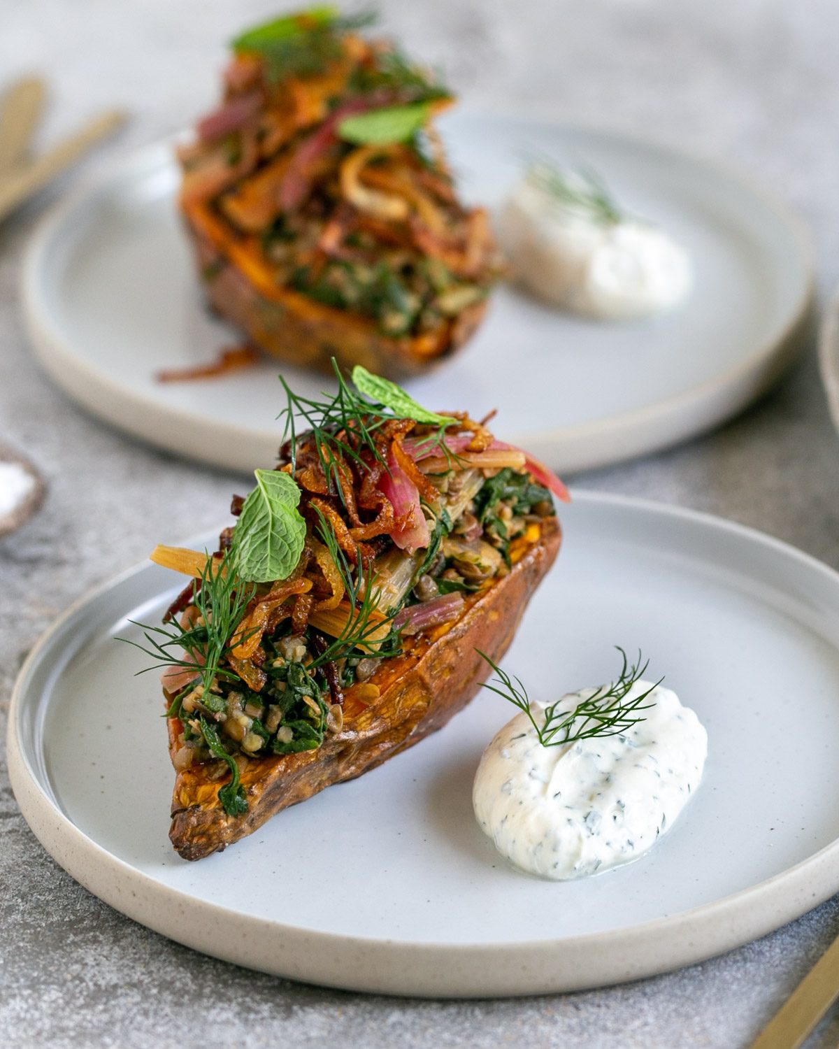 Baked sweet Potato with Lentils and Swiss Chard