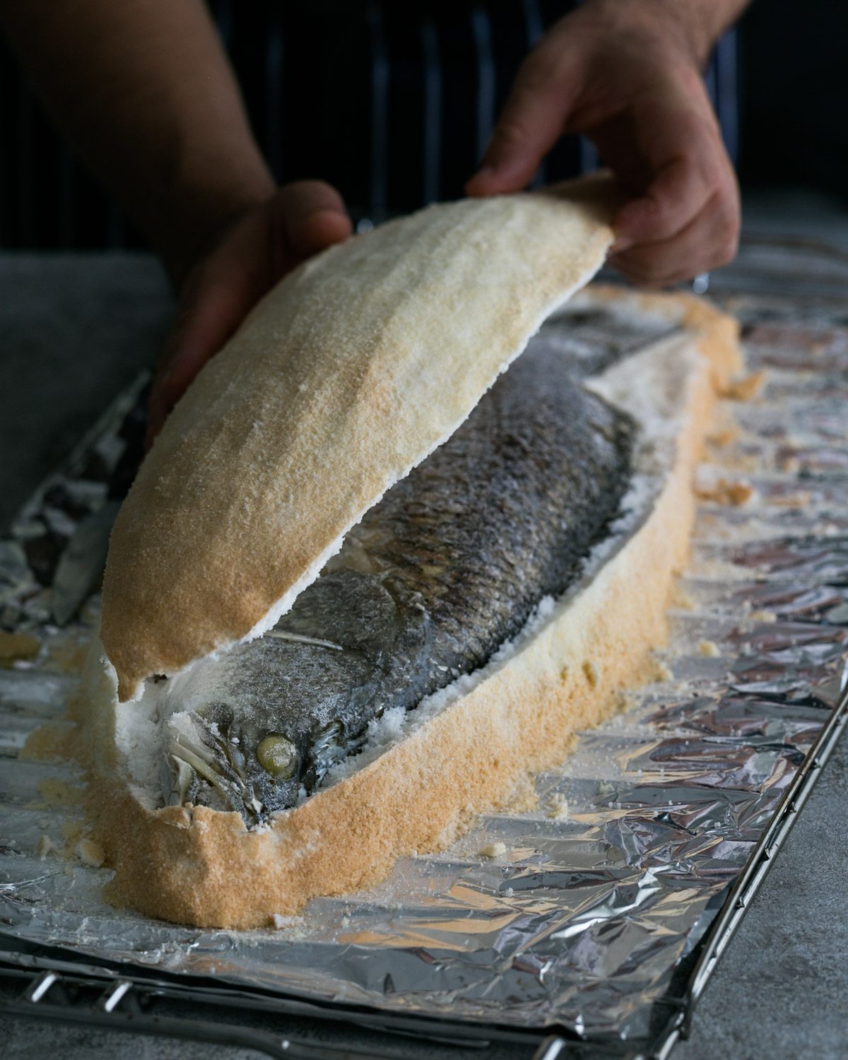 Whole Baked Fish in Salt Crust with Salsa verde