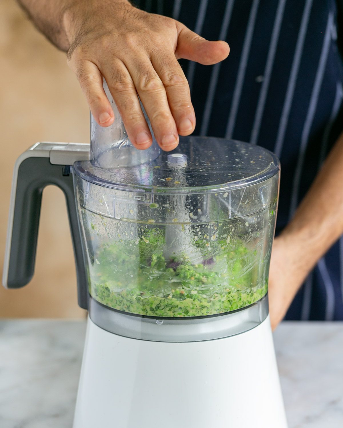 Blitz ingredients in food processor to make pea and mint pesto