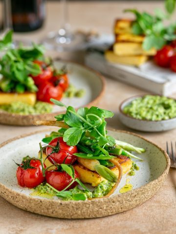 Pan fried Polenta Cakes with Spring Vegetables