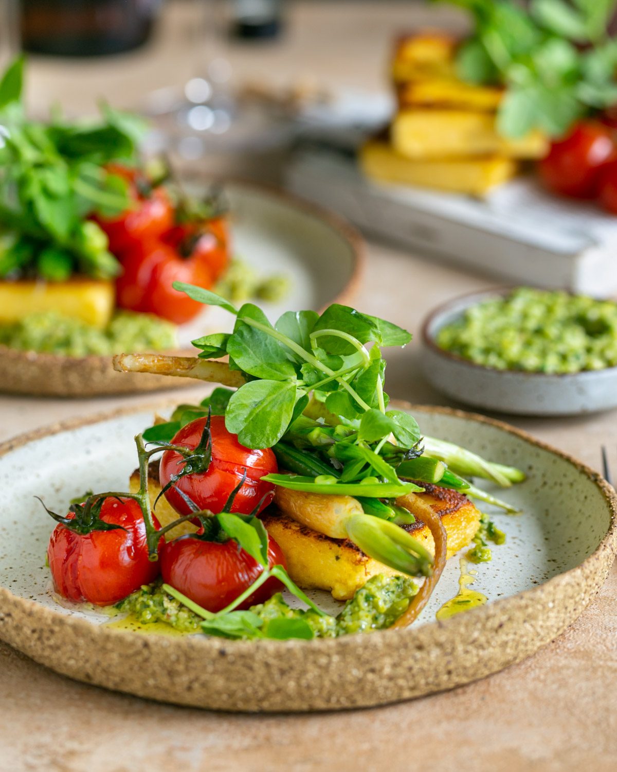 Pan seared polenta with spring vegetables