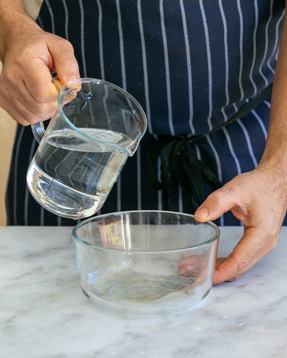 Gelatine sheets in a glass bowl