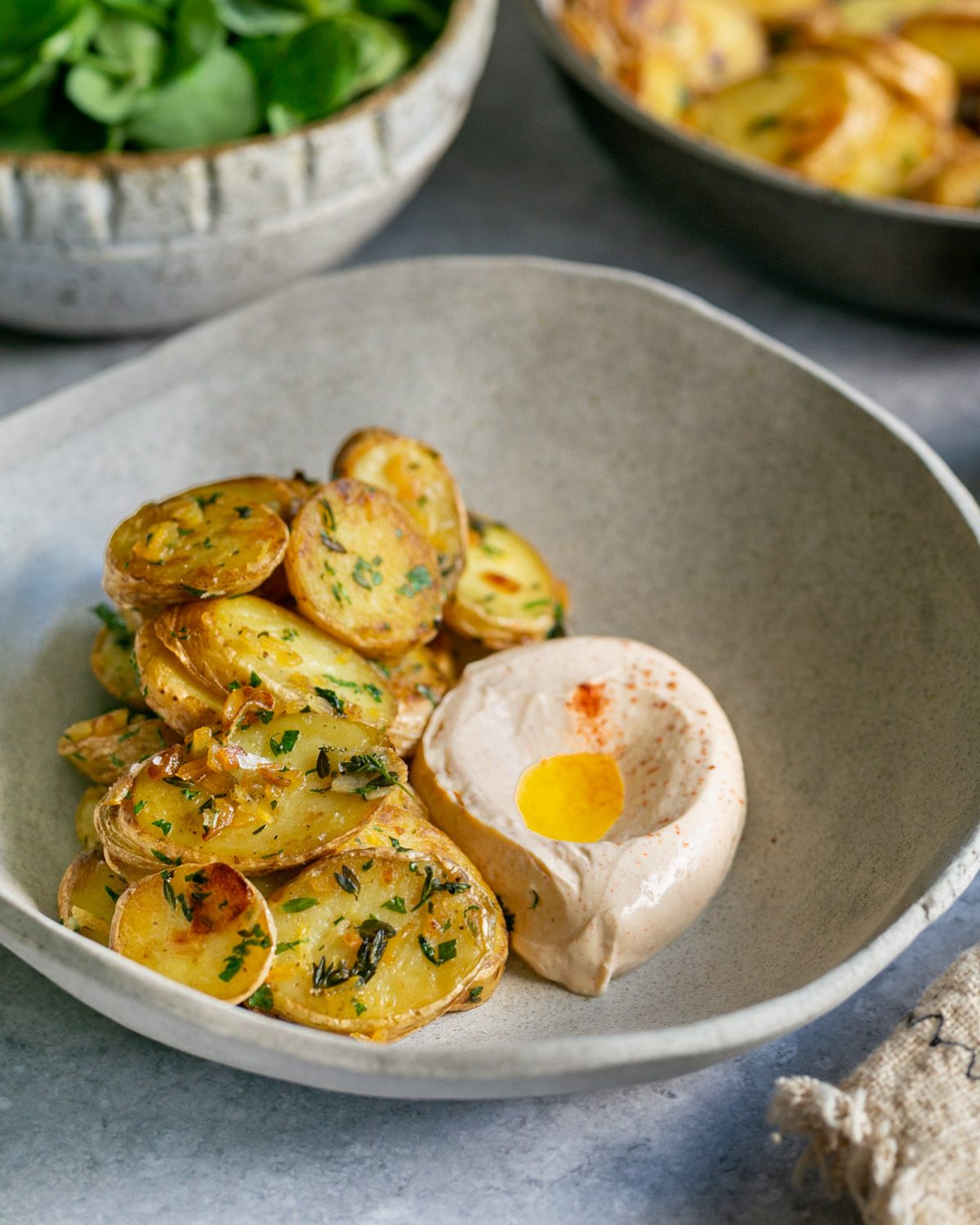 Creme fraiche dip served with potatoes