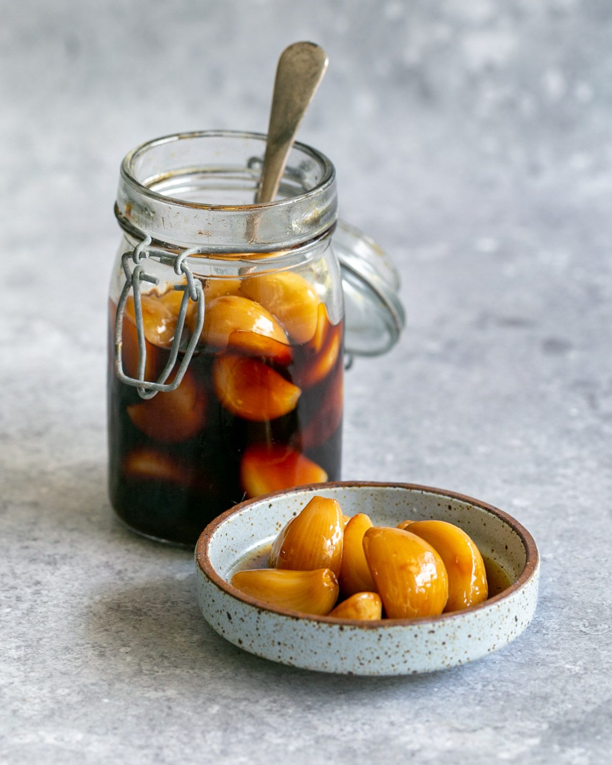 Korean pickled garlic in a jar