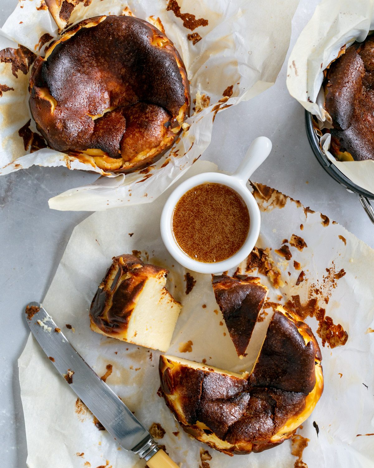 Portioned mini basque cheesecake