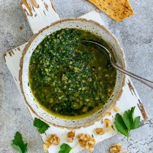 Walut lemon gremolata in a bowl