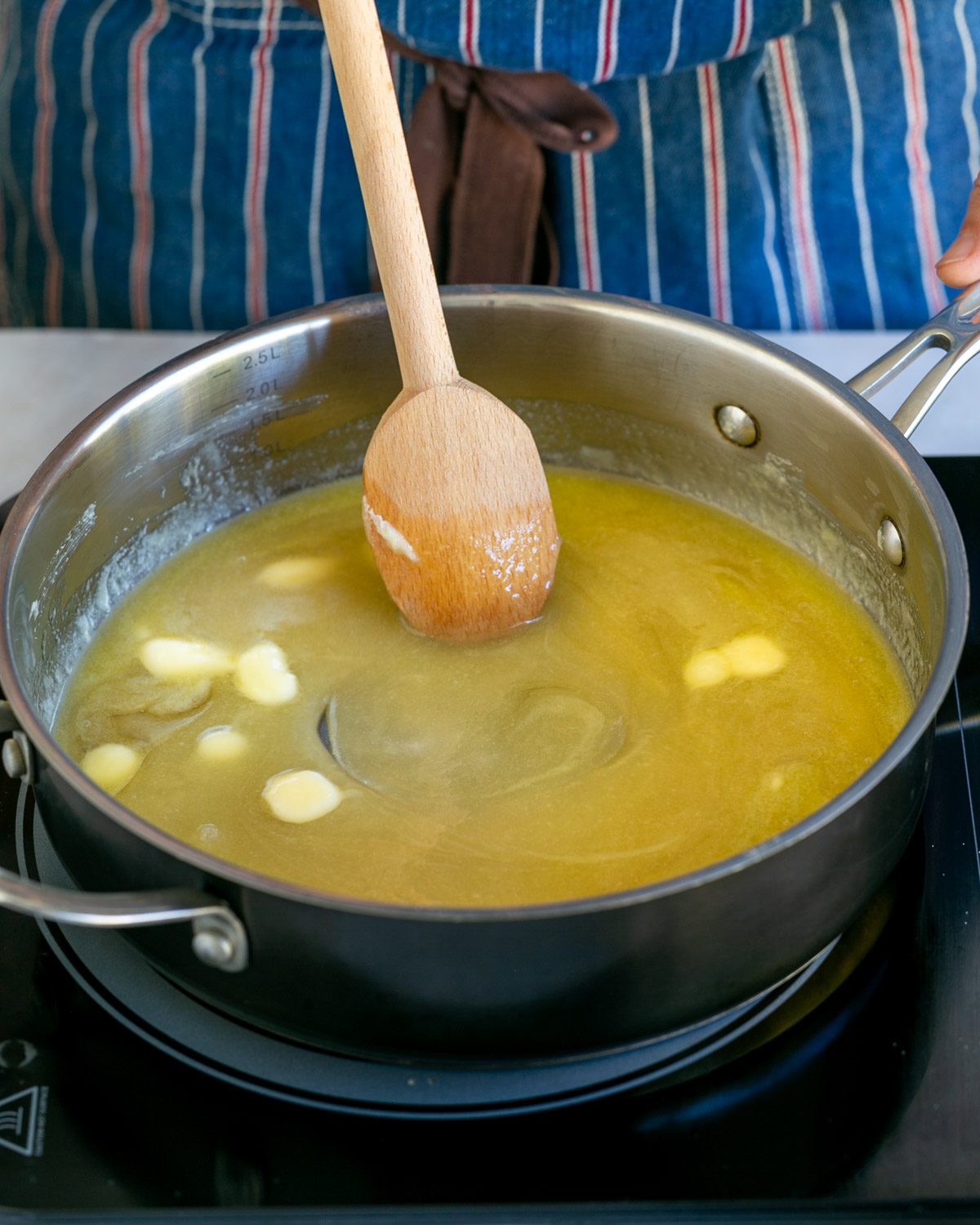 Melted butter sugar honey in a pan