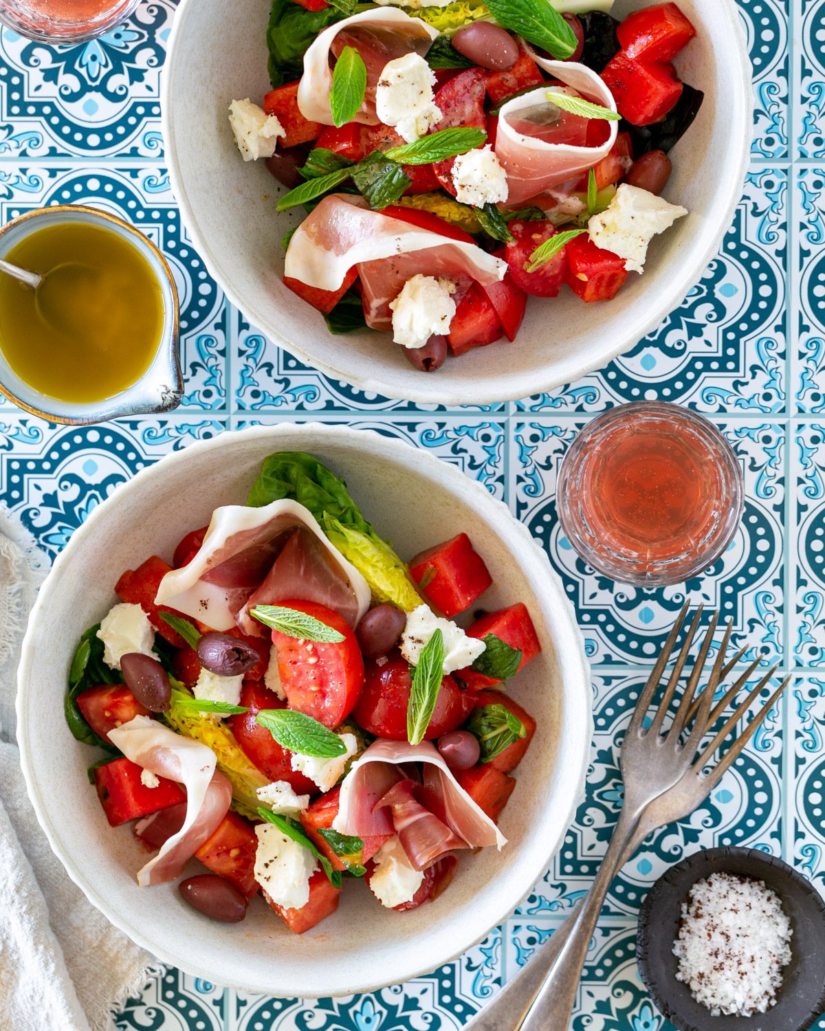Tomato Watermelon Salad with Goats Cheese in a bowl