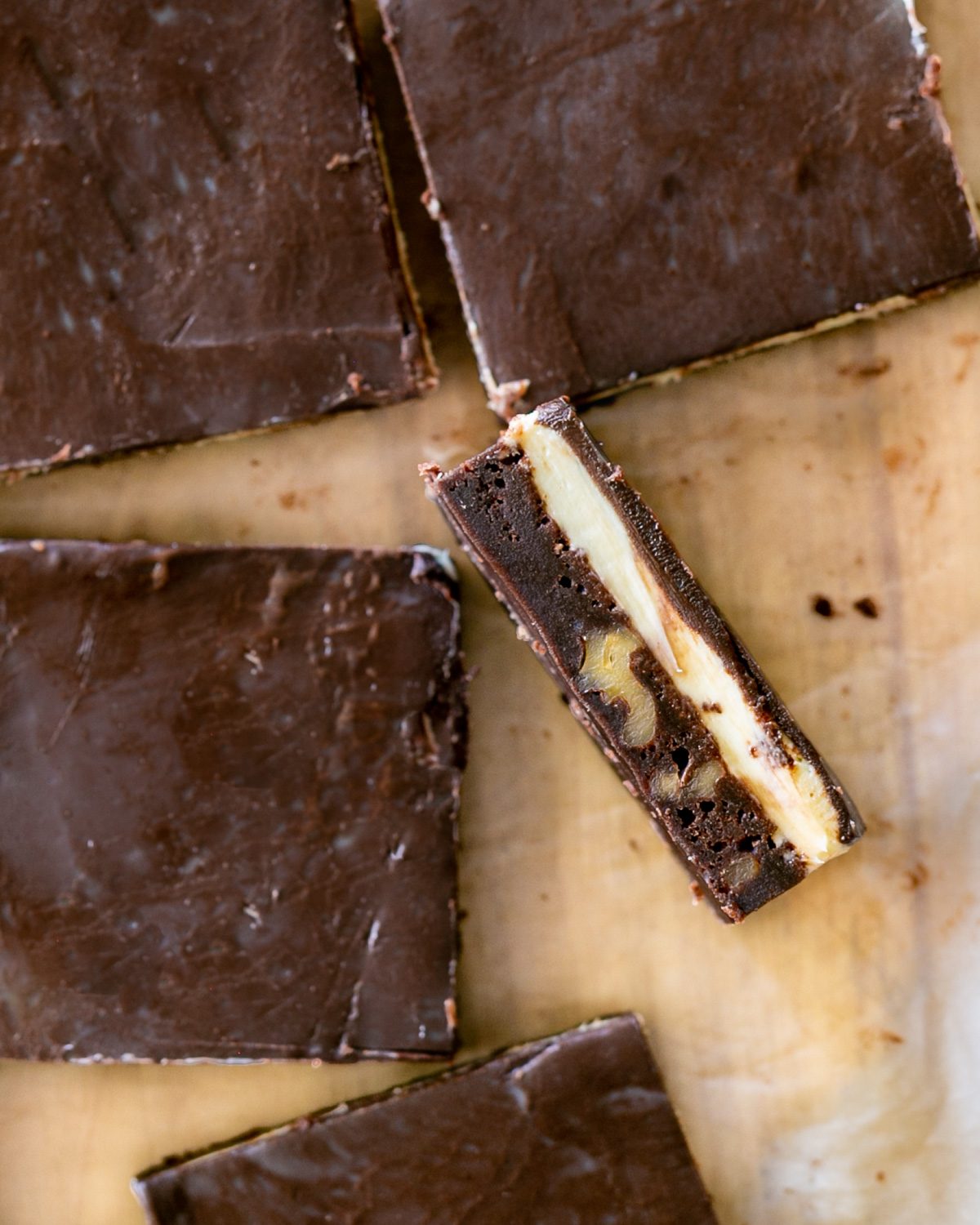 Coffee walnut brownie close up showing layers