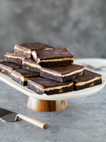 Coffee Walnut Brownie Slices arranged on a stand