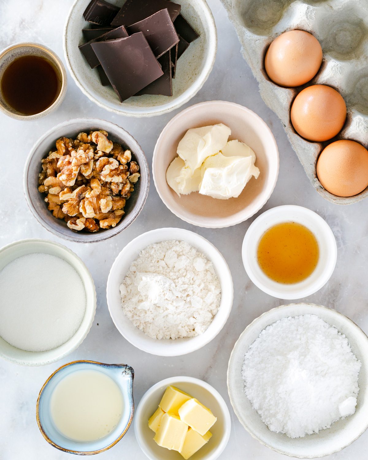 Ingredients to make coffee walnut brownie slice